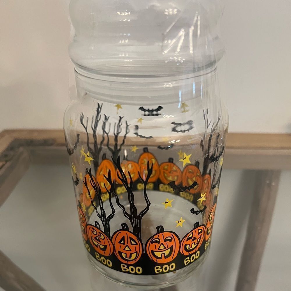 Vintage Libbey Halloween Bats Jack'O Lanterns Boo Stars Trees Lidded Candy Jar